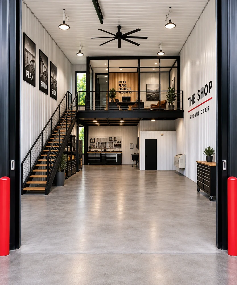 Inside a unit at The Shop with mezzanine office and tool wall